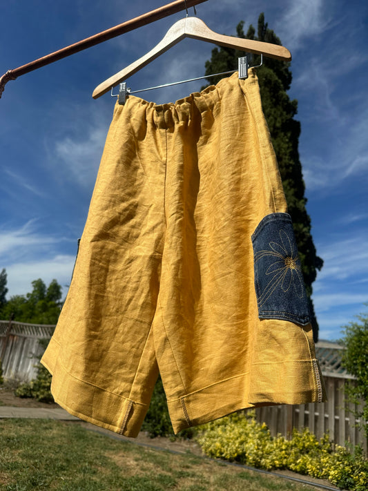 Daisy Jean Wilder | Handmade Linen Shorts β Embroidered Denim Pocket Wearable Art πΌ Medium