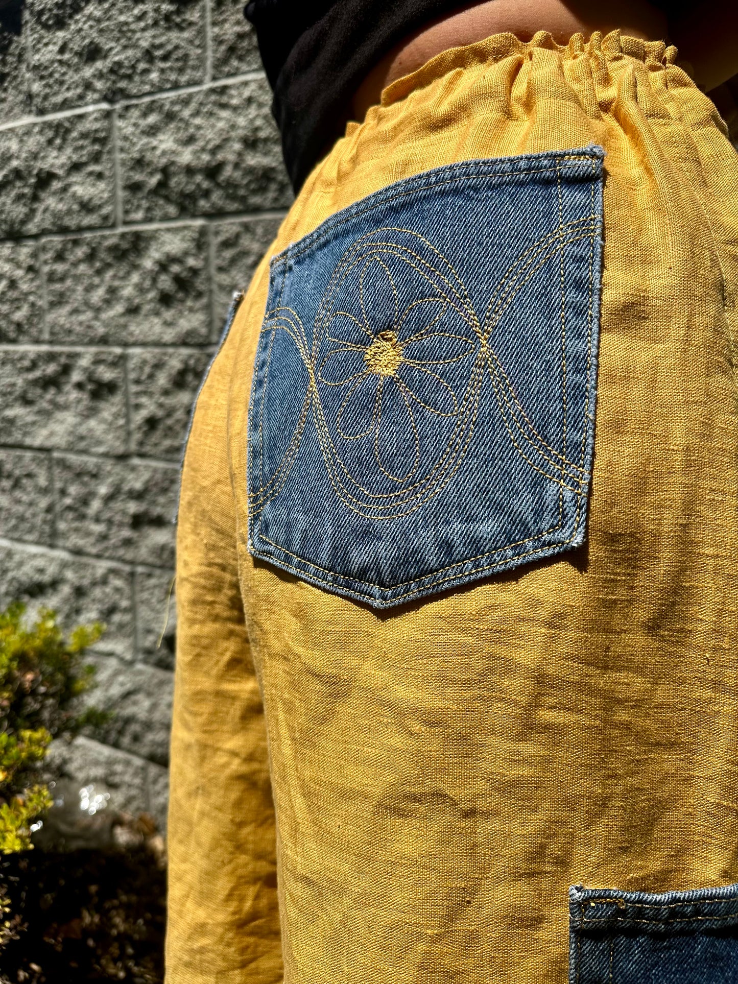 Daisy Jean Wilder | Handmade Linen Shorts – Embroidered Denim Pocket Wearable Art 🌼 Medium