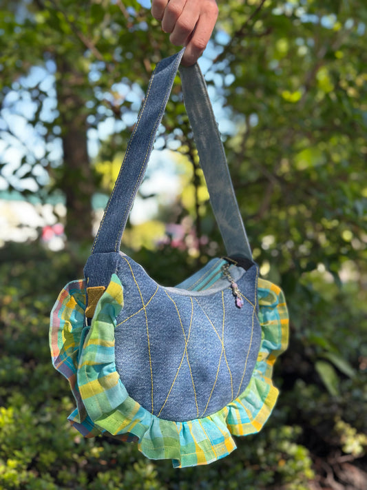 Clover Jean Bloom | Upcycled Plaid & Denim Shoulder Bag 🐛