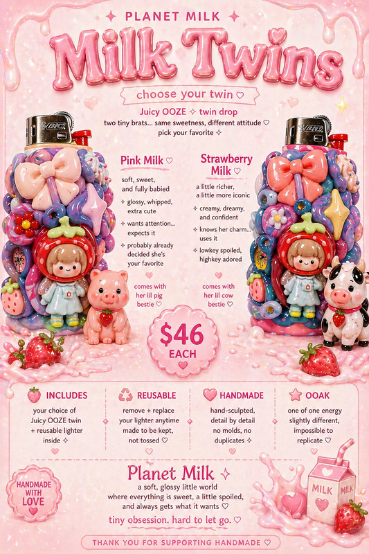Juicy OOZE Pal – Strawberry Twins ✧ pink & strawberry milk ✧ Mini Reusable Bic Lighter Case