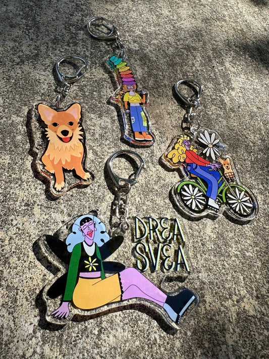 Original Drea Svea acrylic character keychains grouped together