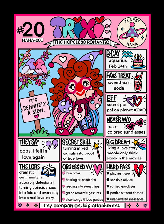 Finished hand-drawn Trixie character card from Planet HAHA by Drea Svea