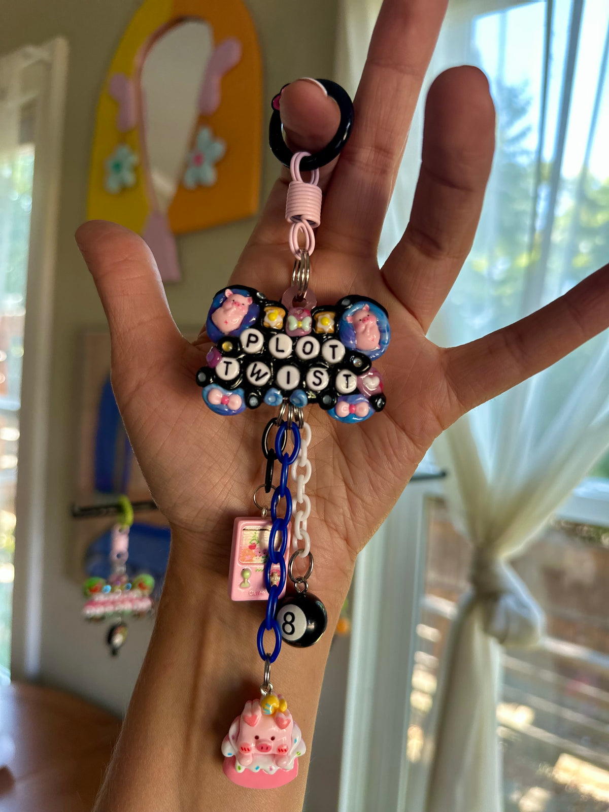 Handmade one-of-a-kind Plot Twist Pocket Pal bag charm by Drea Svea