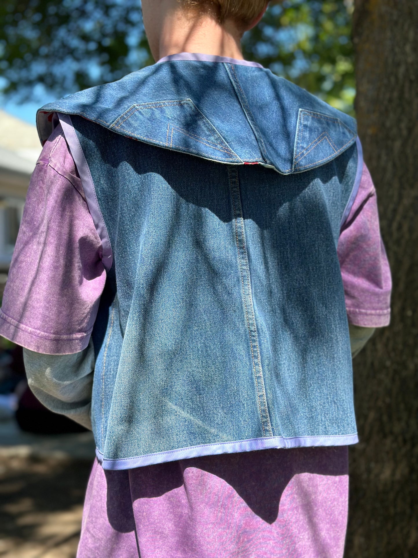 Apple Orchard Scout Vest | Upcycled Wrangler Denim Vest ~ Vintage Apple Velvet Bow Collar 🍎 Medium