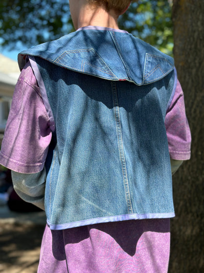 Apple Orchard Scout Vest | Upcycled Wrangler Denim Vest ~ Vintage Apple Velvet Bow Collar 🍎 Medium