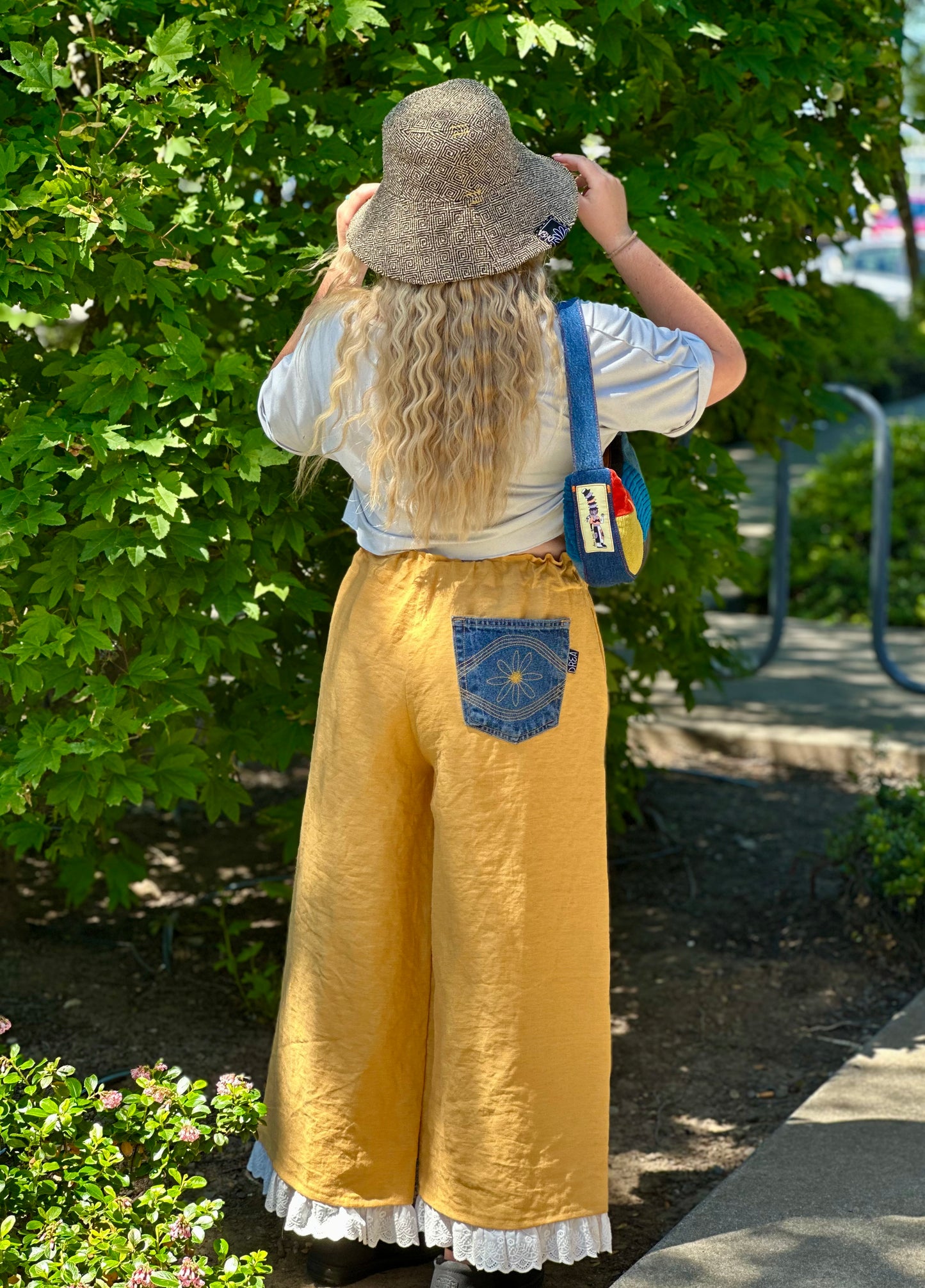 Daisy Jean Wilder Lace Bloom | Handmade Linen Wide Leg Pants – Cotton Eyelet Lace Wearable Art 🌼 medium