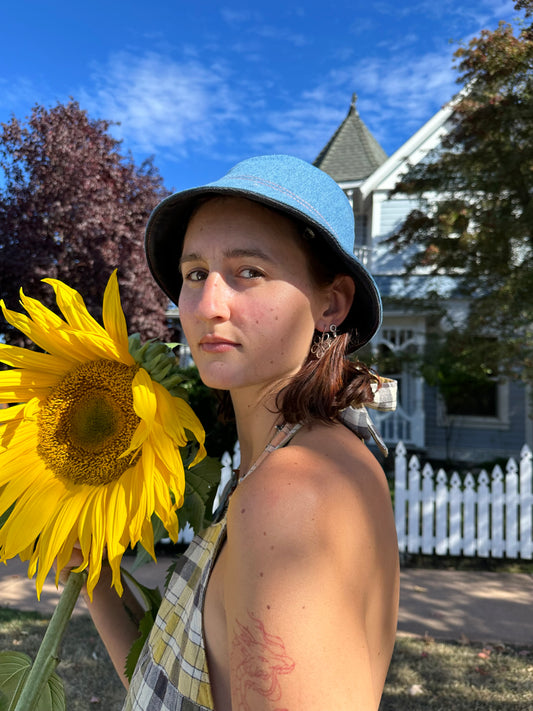 Plaid Jean Bucket Hat | Vintage Reversible Handmade - 21” Small
