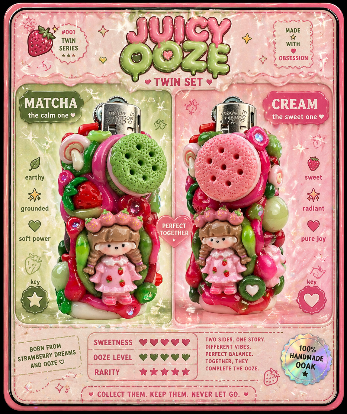 Juicy OOZE Pal –  Strawberry Twins ✧ matcha & cream  ✧ Mini Reusable  Bic Lighter Case