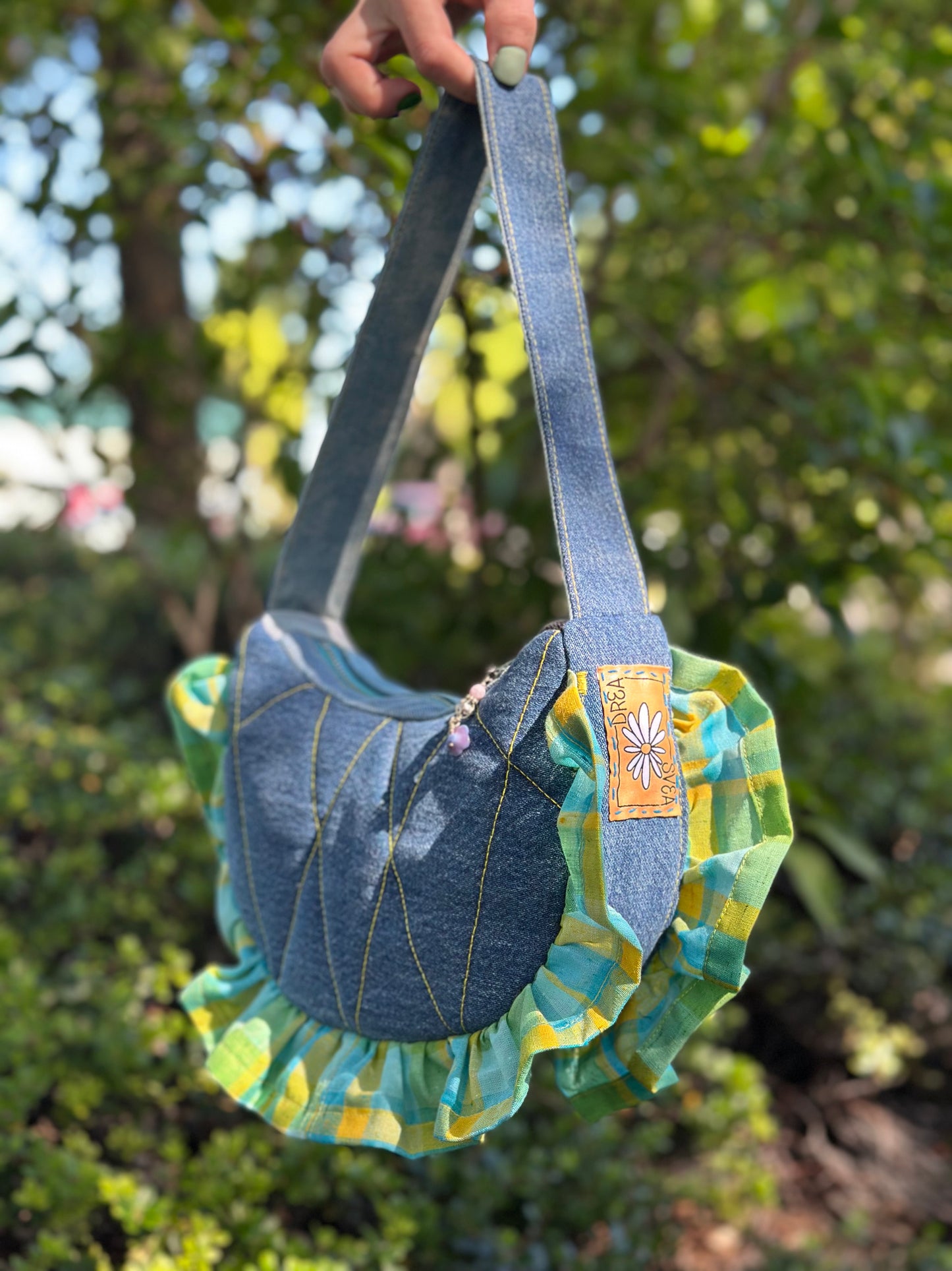 Clover Jean Bloom | Upcycled Plaid & Denim Shoulder Bag 🐛