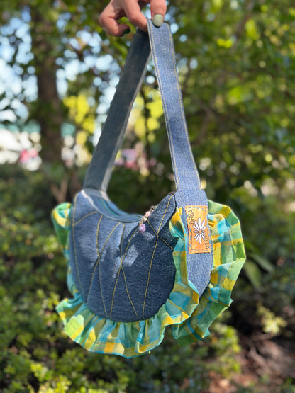 Clover Jean Bloom | Upcycled Plaid & Denim Shoulder Bag 🐛