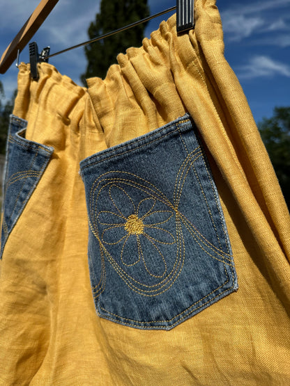 Daisy Jean Wilder | Handmade Linen Shorts – Embroidered Denim Pocket Wearable Art 🌼 Medium