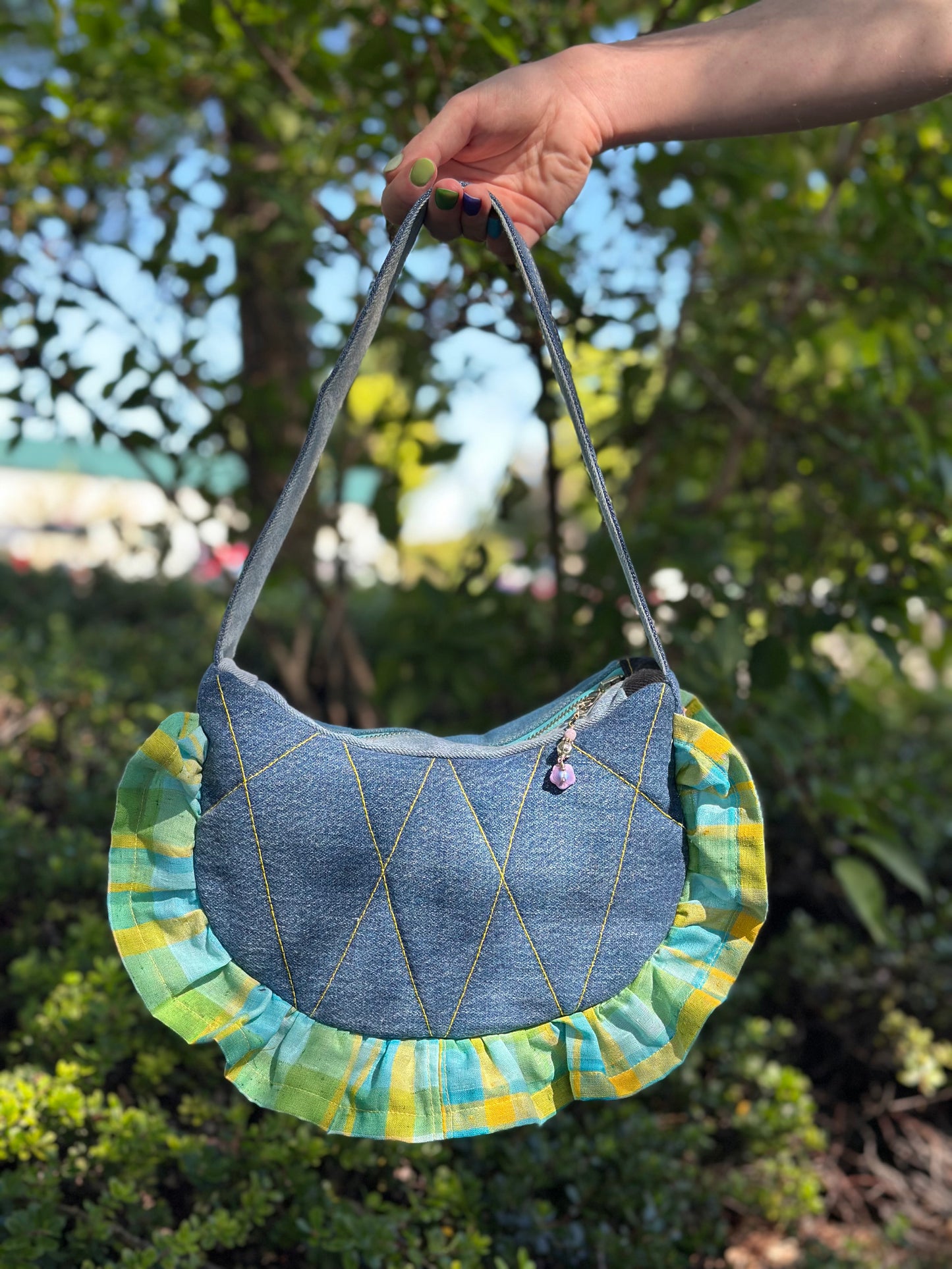 Clover Jean Bloom | Upcycled Plaid & Denim Shoulder Bag 🐛