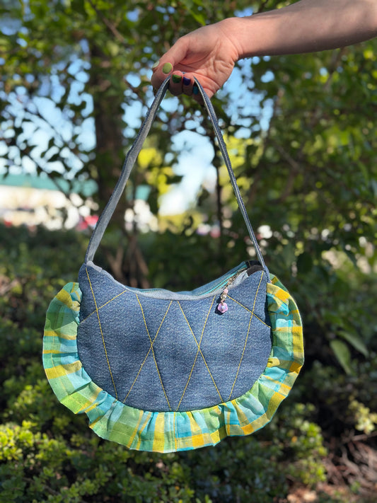 Clover Jean Bloom | Upcycled Plaid & Denim Shoulder Bag 🐛