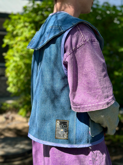 Apple Orchard Scout Vest | Upcycled Wrangler Denim Vest ~ Vintage Apple Velvet Bow Collar 🍎 Medium
