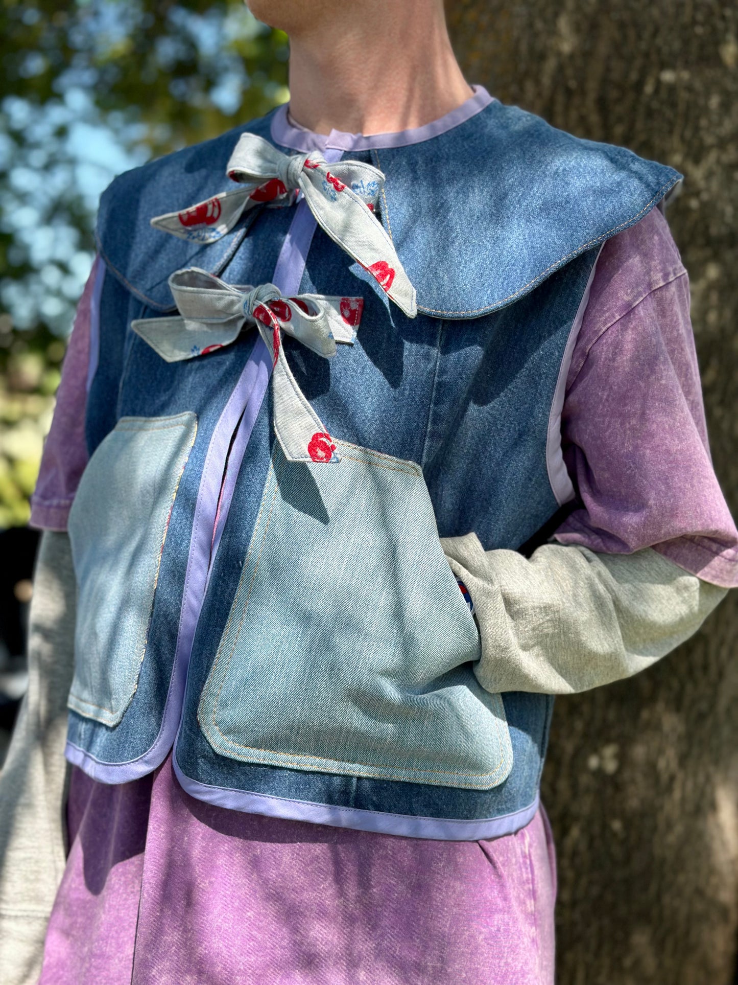 Apple Orchard Scout Vest | Upcycled Wrangler Denim Vest ~ Vintage Apple Velvet Bow Collar 🍎 Medium