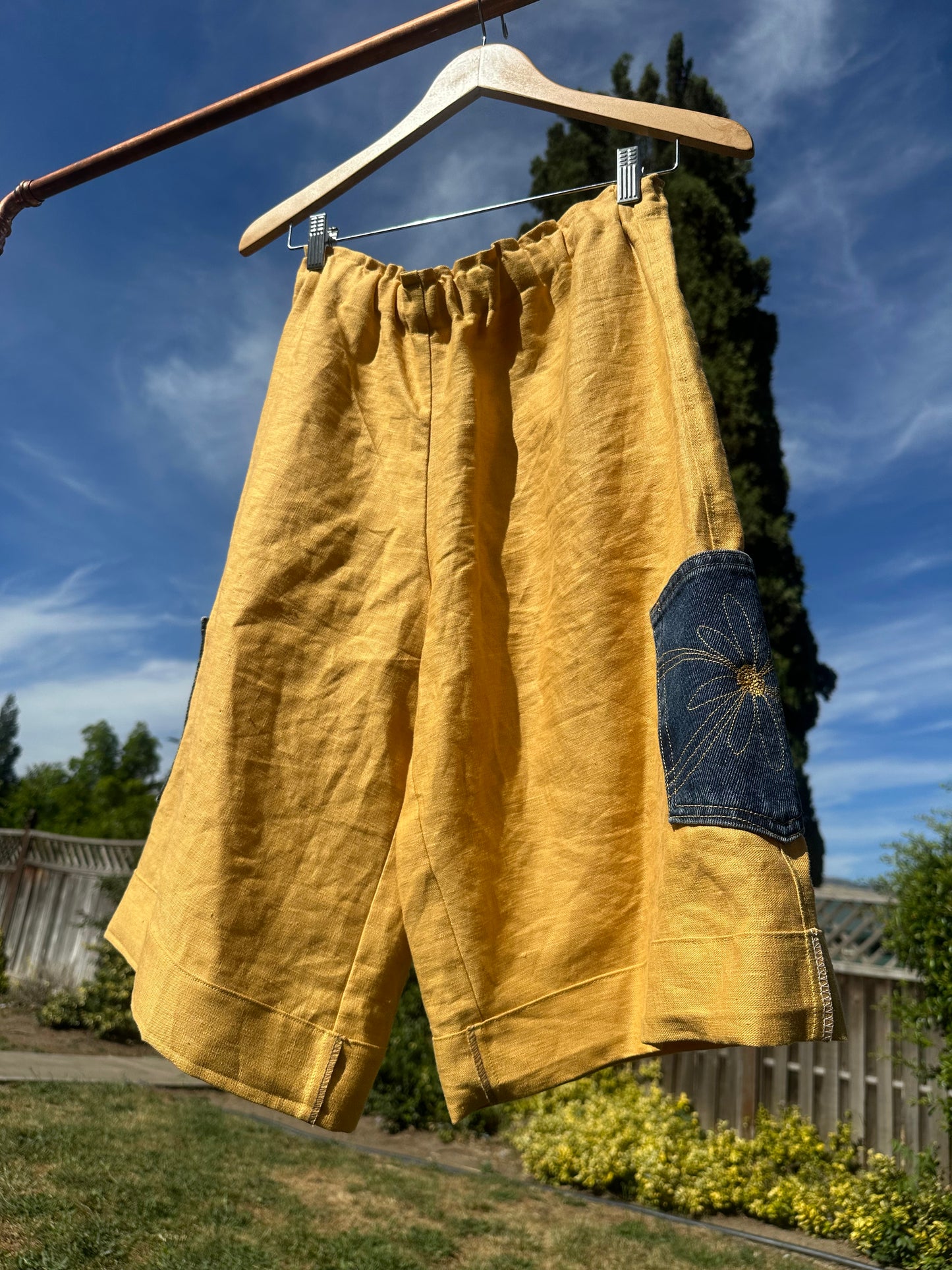 Daisy Jean Wilder | Handmade Linen Shorts – Embroidered Denim Pocket Wearable Art 🌼 Medium