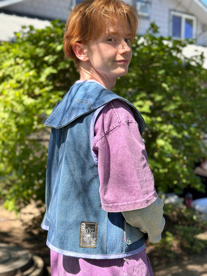 Apple Orchard Scout Vest | Upcycled Wrangler Denim Vest ~ Vintage Apple Velvet Bow Collar 🍎 Medium
