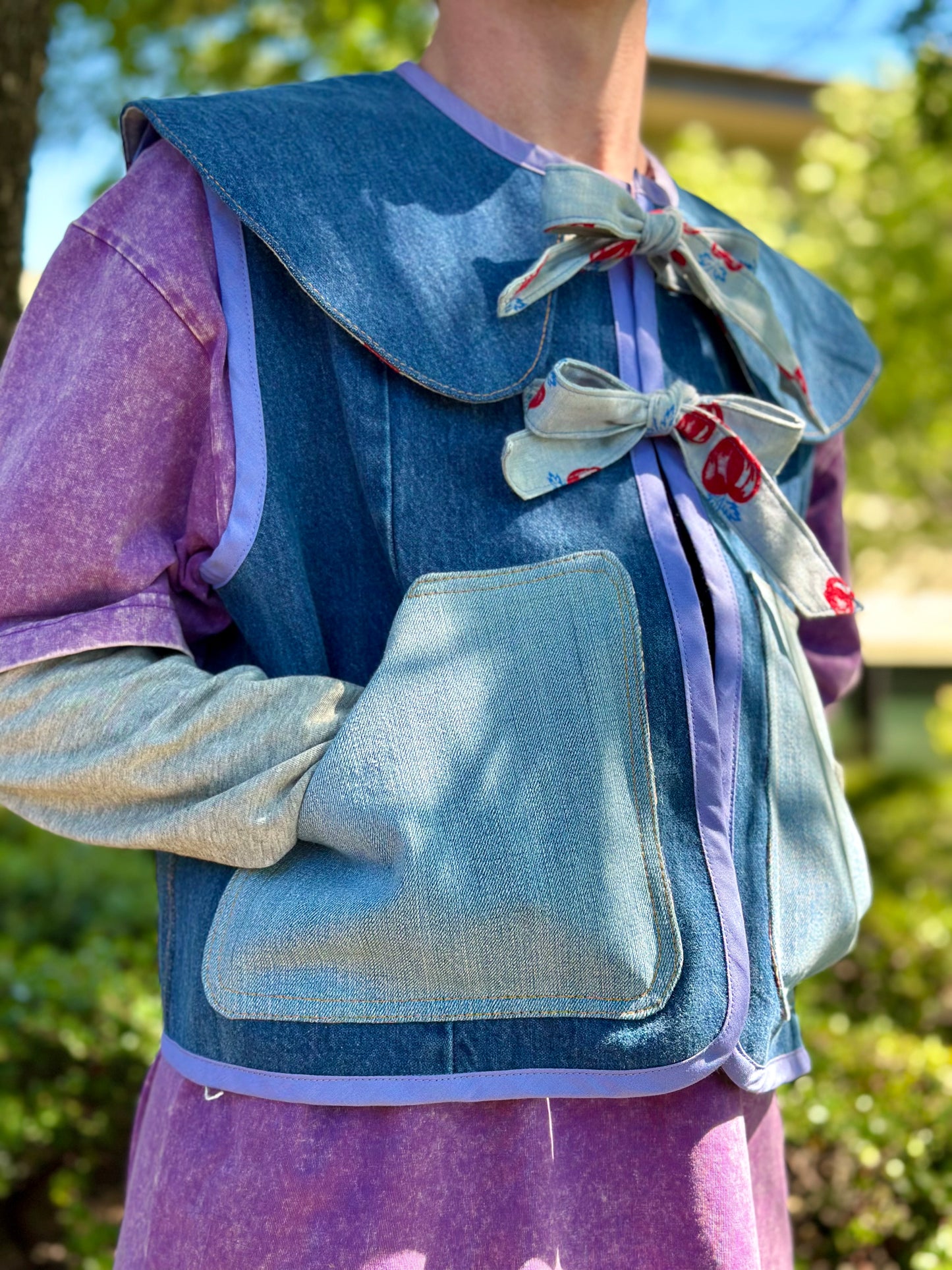 Apple Orchard Scout Vest | Upcycled Wrangler Denim Vest ~ Vintage Apple Velvet Bow Collar 🍎 Medium