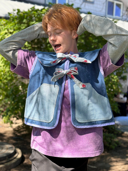 Apple Orchard Scout Vest | Upcycled Wrangler Denim Vest ~ Vintage Apple Velvet Bow Collar 🍎 Medium