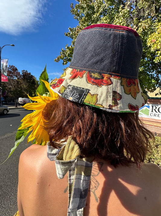 Checker Bloom Bucket Hat | Textile Treasures Reversible Handmade - 21” Small