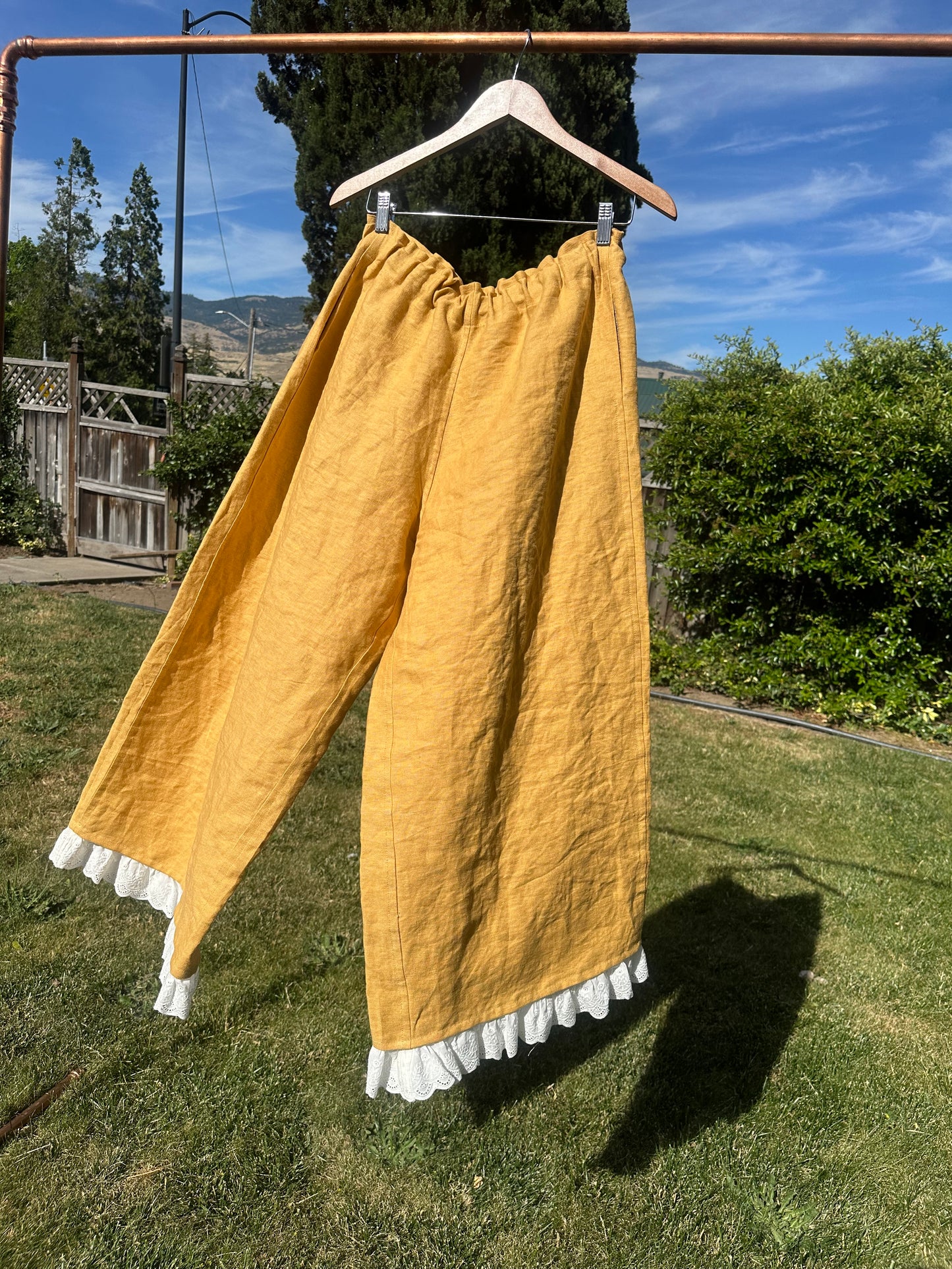 Daisy Jean Wilder Lace Bloom | Handmade Linen Wide Leg Pants – Cotton Eyelet Lace Wearable Art 🌼 medium