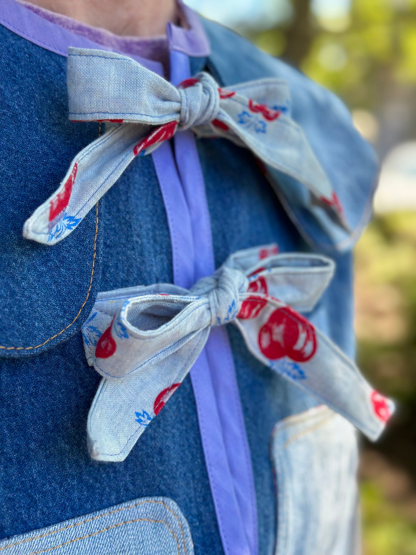Apple Orchard Scout Vest | Upcycled Wrangler Denim Vest ~ Vintage Apple Velvet Bow Collar 🍎 Medium