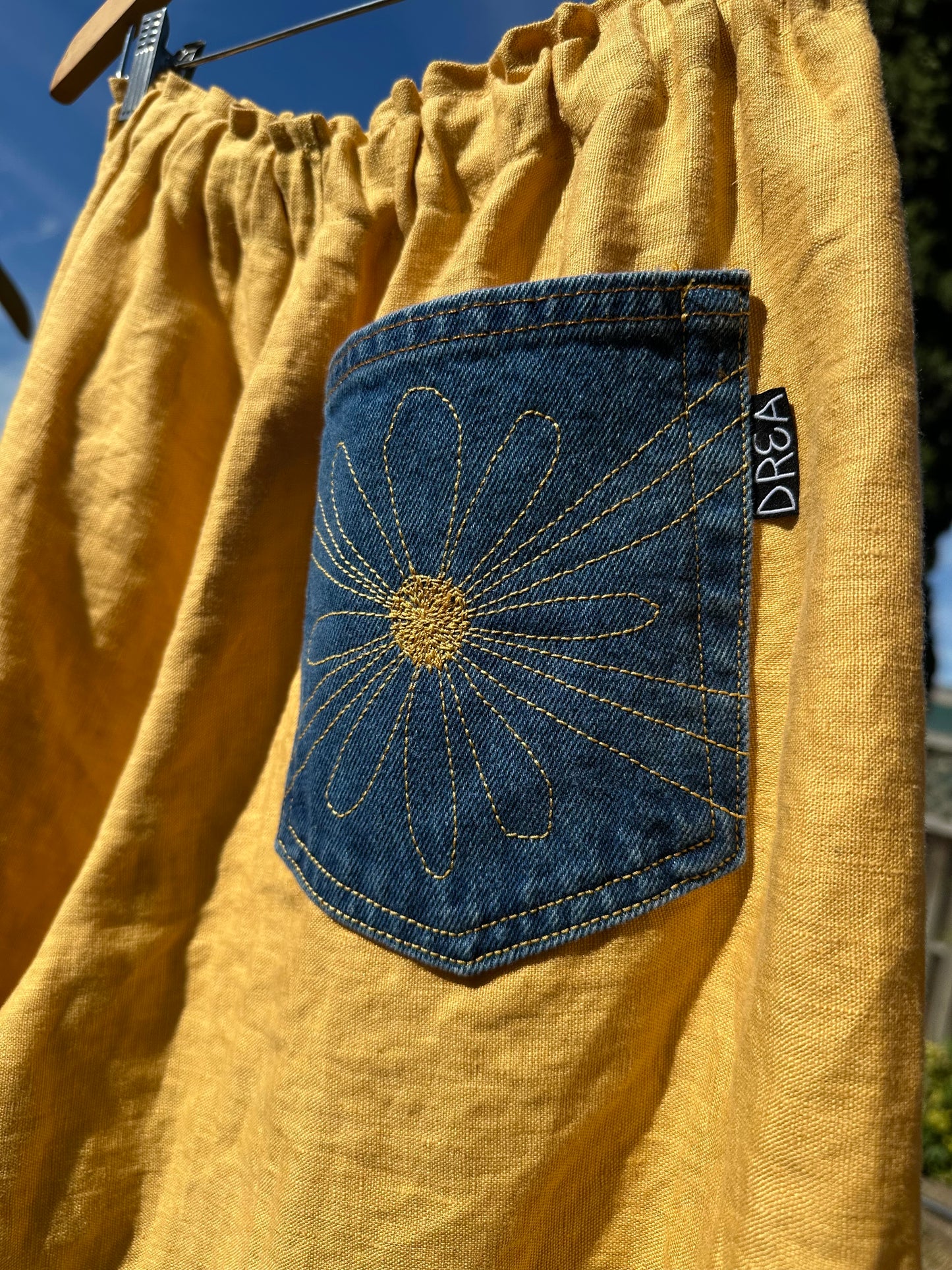 Daisy Jean Wilder | Handmade Linen Pants – Embroidered Denim Pocket Wearable Art 🌼 Medium