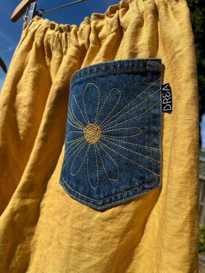 Daisy Jean Wilder | Handmade Linen Pants – Embroidered Denim Pocket Wearable Art 🌼 Medium