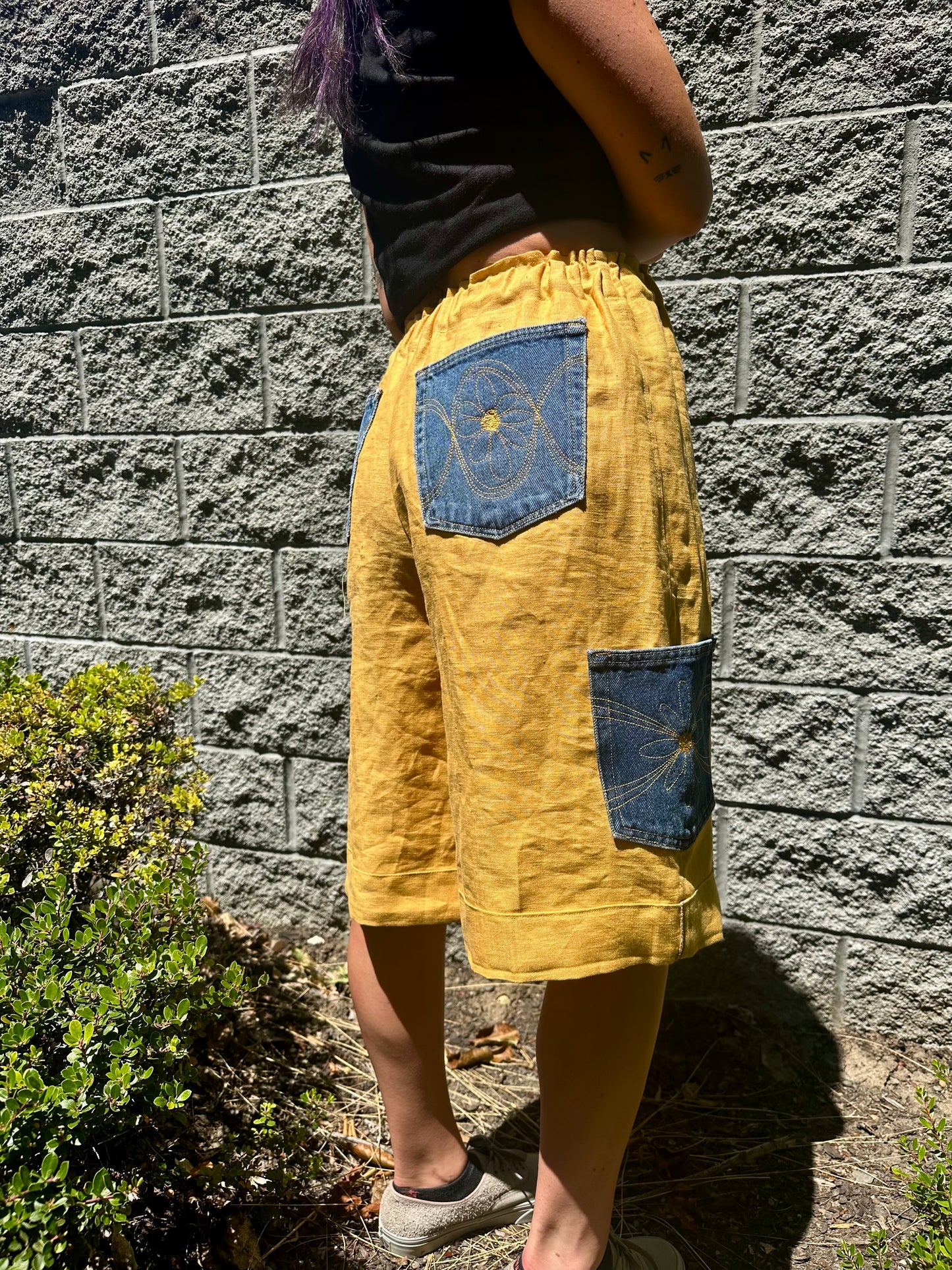 Daisy Jean Wilder | Handmade Linen Shorts – Embroidered Denim Pocket Wearable Art 🌼 Medium
