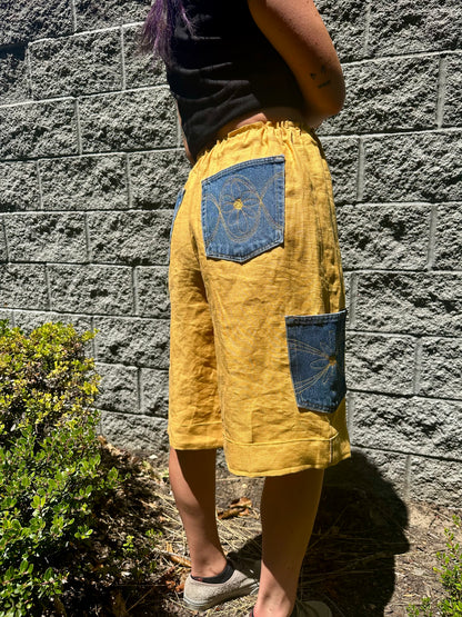 Daisy Jean Wilder | Handmade Linen Shorts – Embroidered Denim Pocket Wearable Art 🌼 Medium