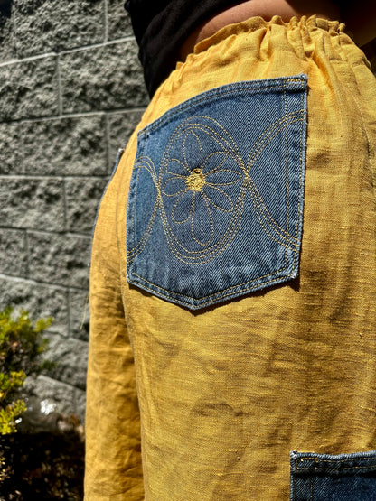 Daisy Jean Wilder | Handmade Linen Shorts – Embroidered Denim Pocket Wearable Art 🌼 Medium