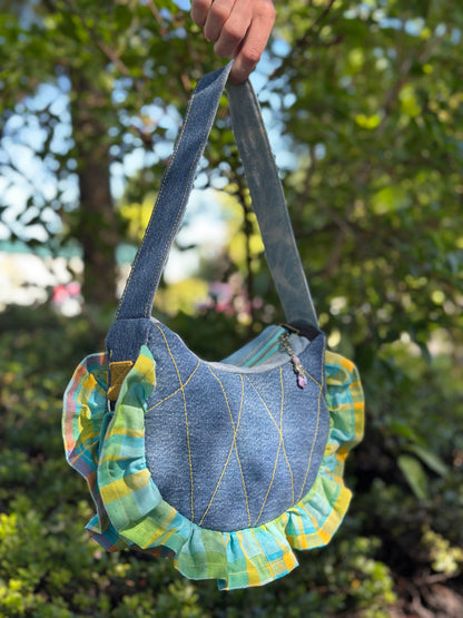 Clover Jean Bloom | Upcycled Plaid & Denim Shoulder Bag 🐛