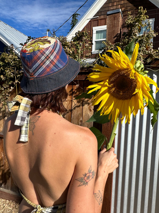 Plaid Jean Bucket Hat | Vintage Reversible Handmade - 21” Small