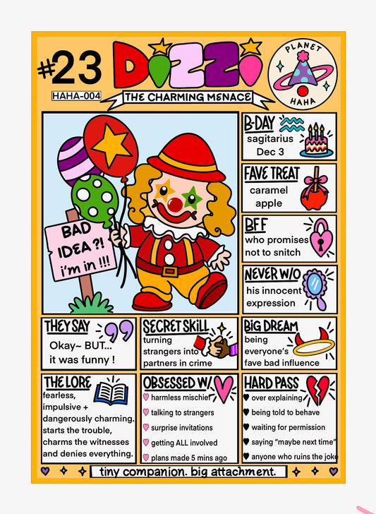 Dizzi, the charming menace of Planet HAHA, collectible trading card by Drea Svea