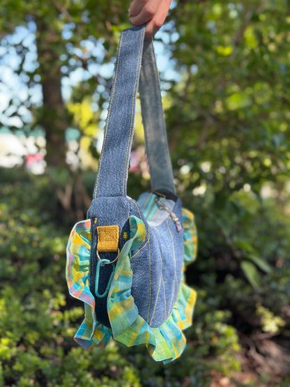 Clover Jean Bloom | Upcycled Plaid & Denim Shoulder Bag 🐛