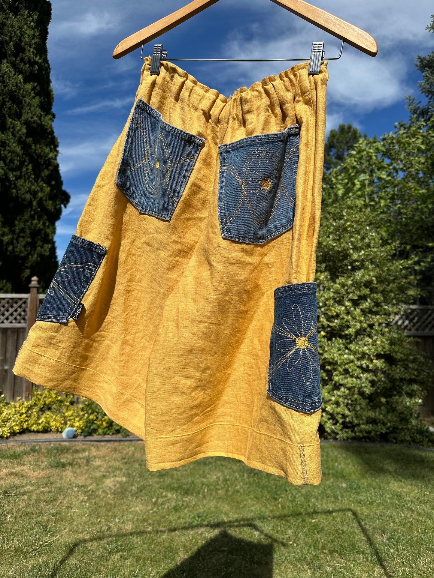 Daisy Jean Wilder | Handmade Linen Shorts – Embroidered Denim Pocket Wearable Art 🌼 Medium