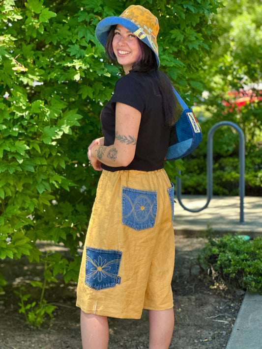 Daisy Jean Wilder | Handmade Linen Shorts – Embroidered Denim Pocket Wearable Art 🌼 Medium