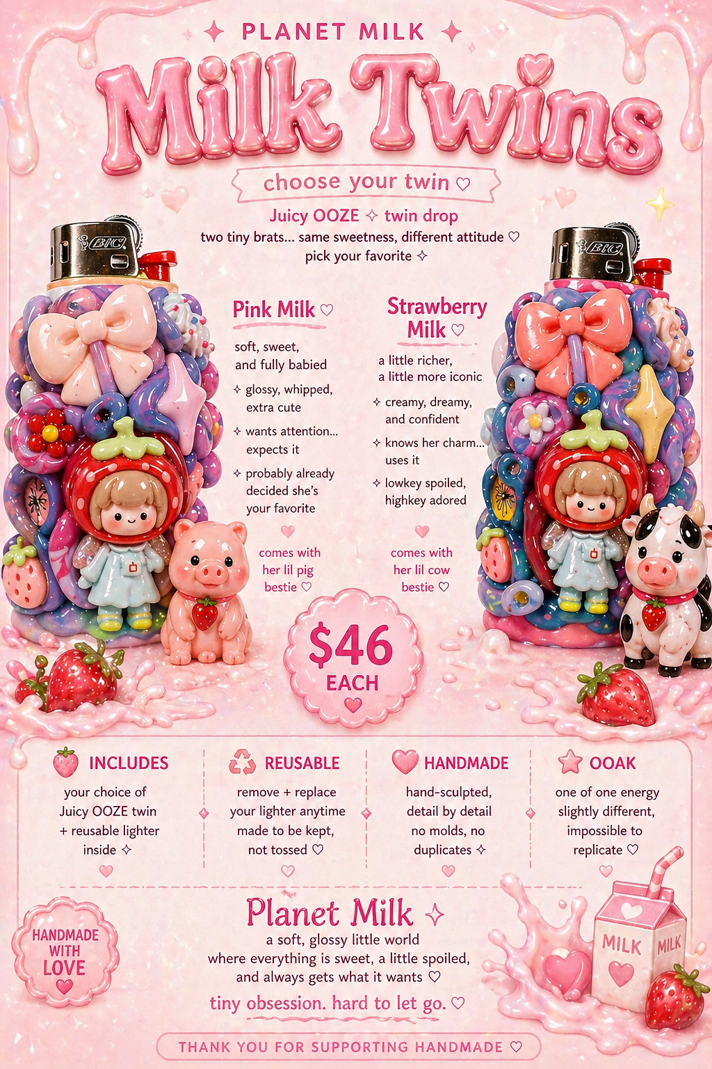 Juicy OOZE Pal –  Strawberry Twins ✧ pink & strawberry milk  ✧ Mini Reusable  Bic Lighter Case