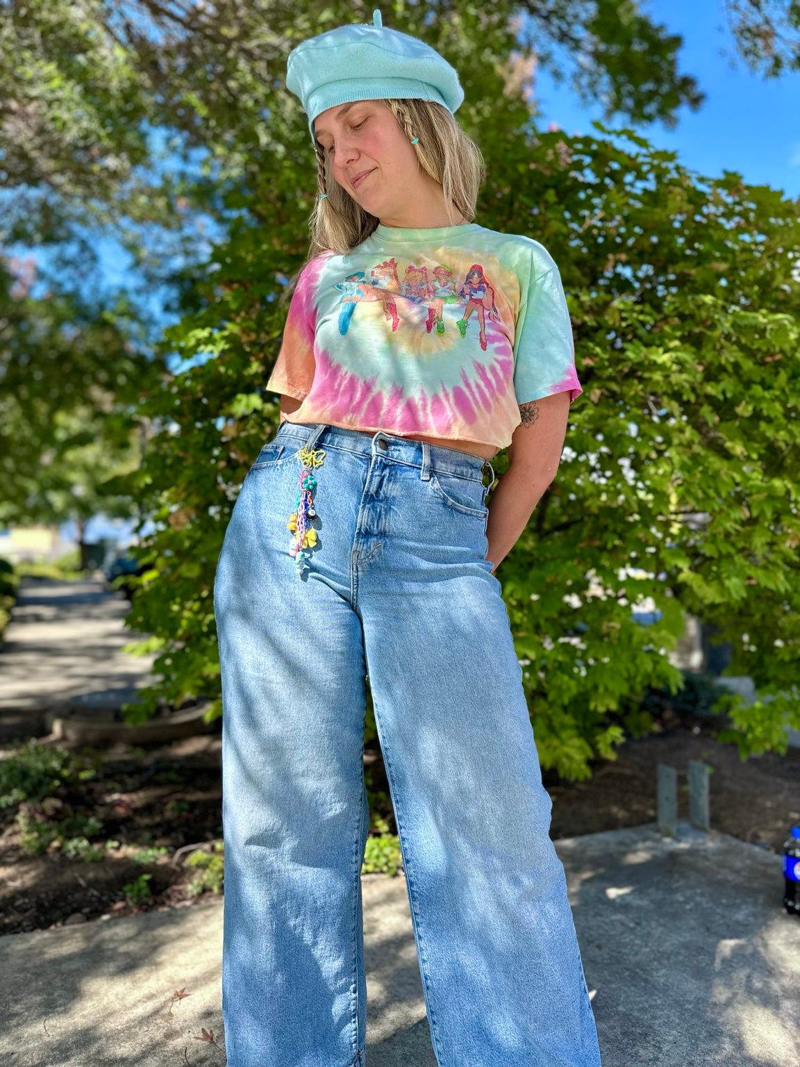 Lucky Girl Pocket Pal worn on jeans, full outfit view
