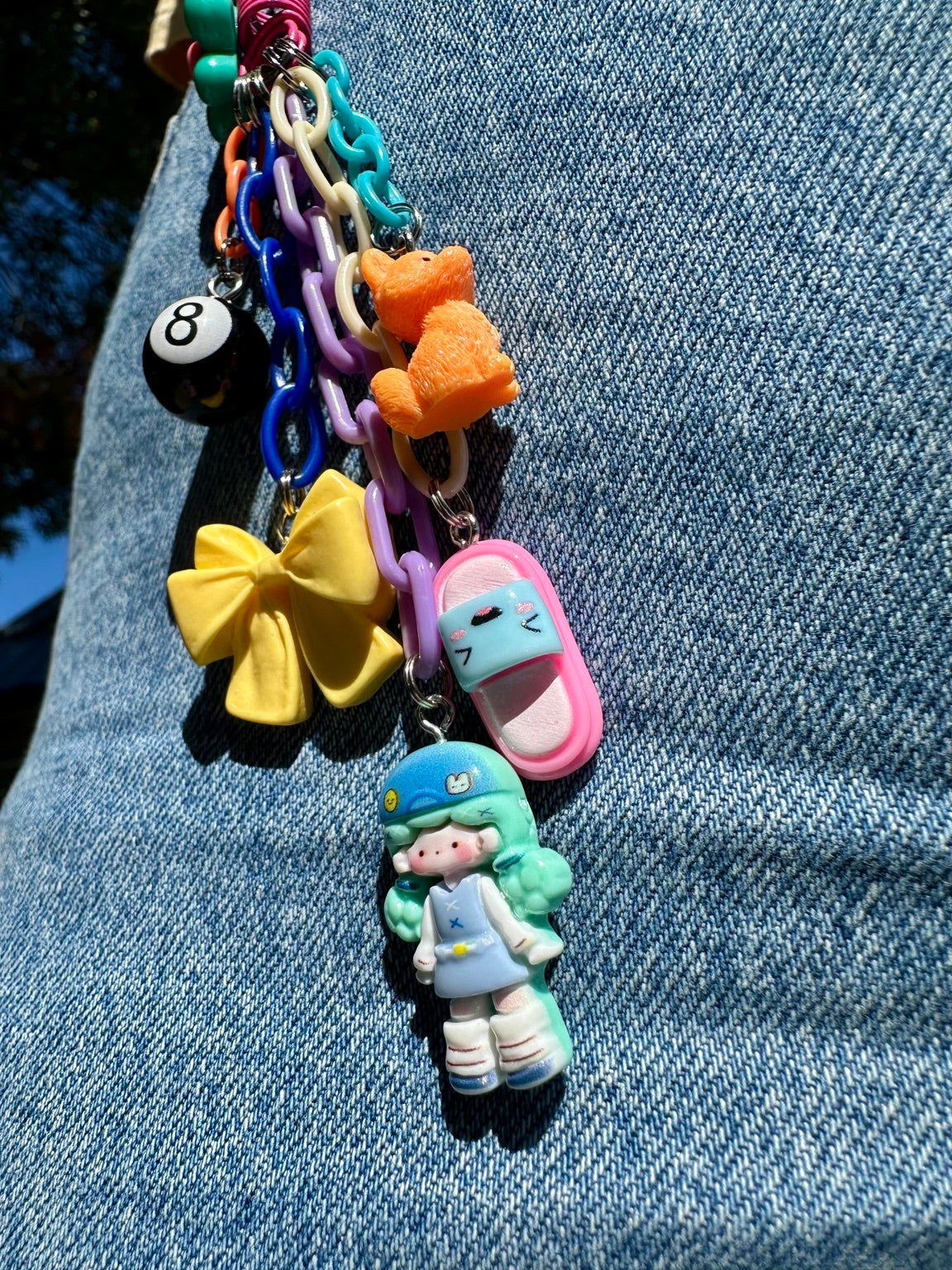 Lucky Girl Pocket Pal charm detail with 8 ball, cat, bow and character