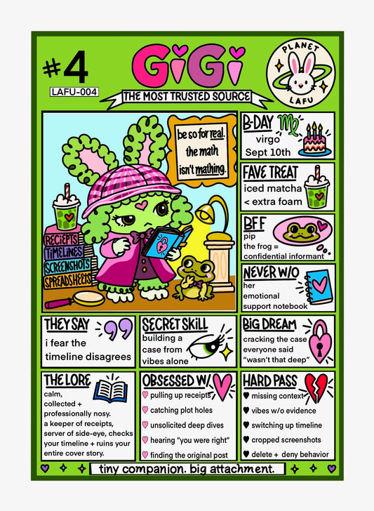 Hand-drawn GiGi collectible character card from Planet LAFU