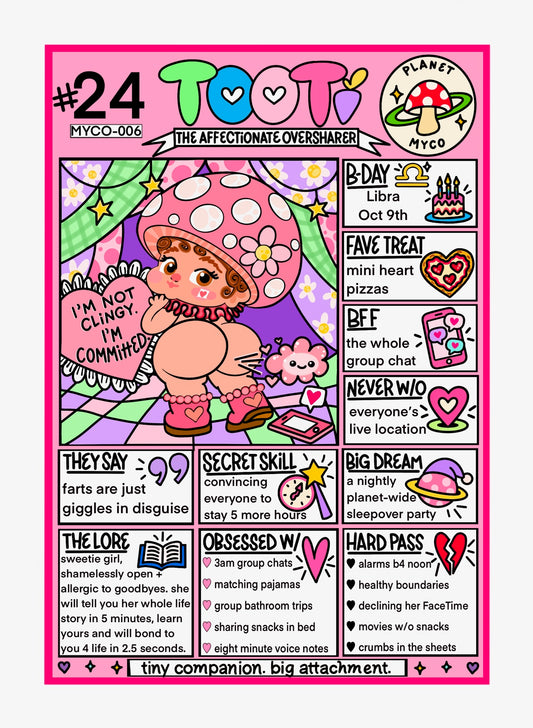 Hand-drawn Tooti collectible character card from Planet MYCO