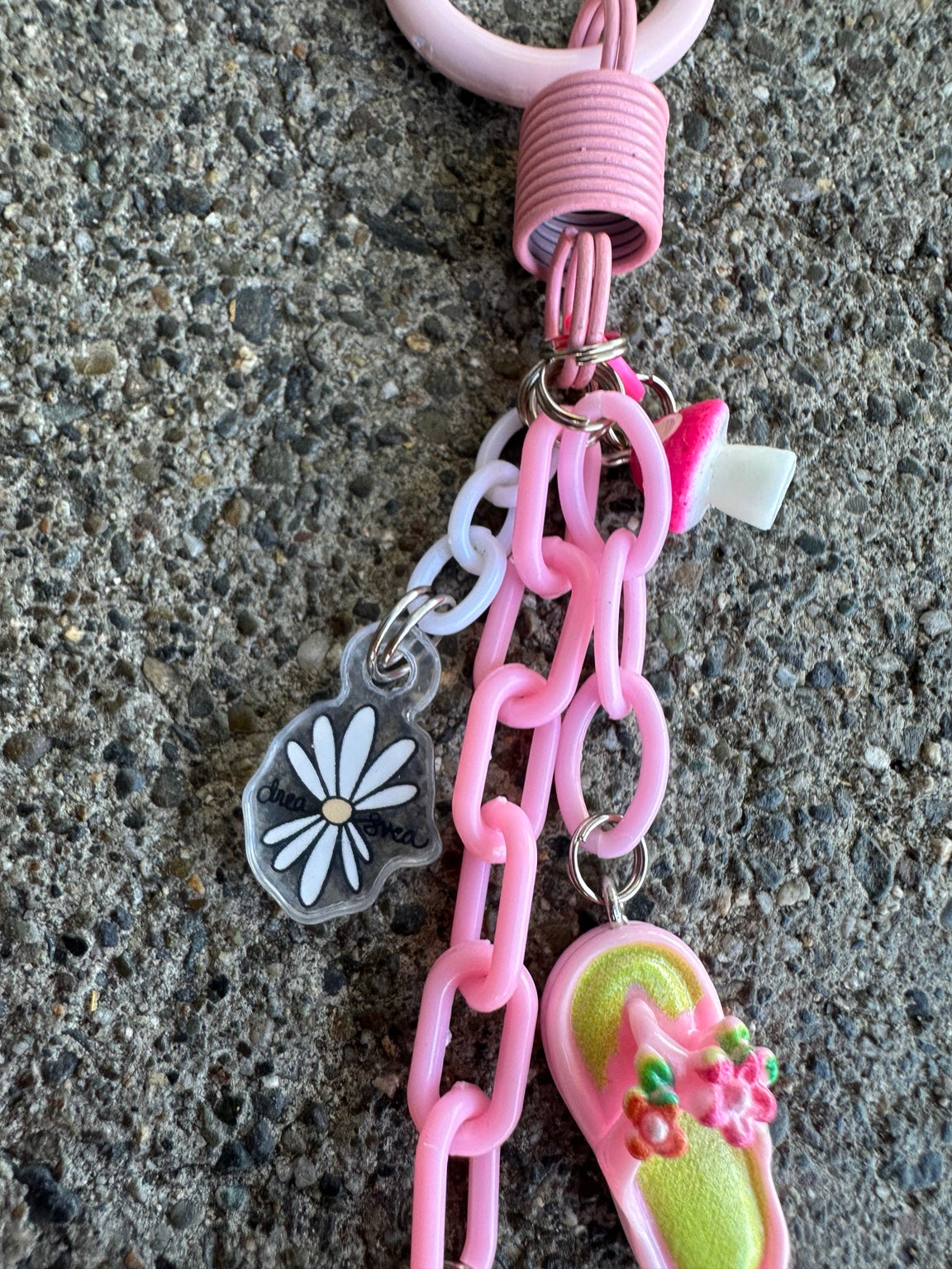 Detail of the pink clip and chain on Zuzu's handmade Pocket Pal bag charm